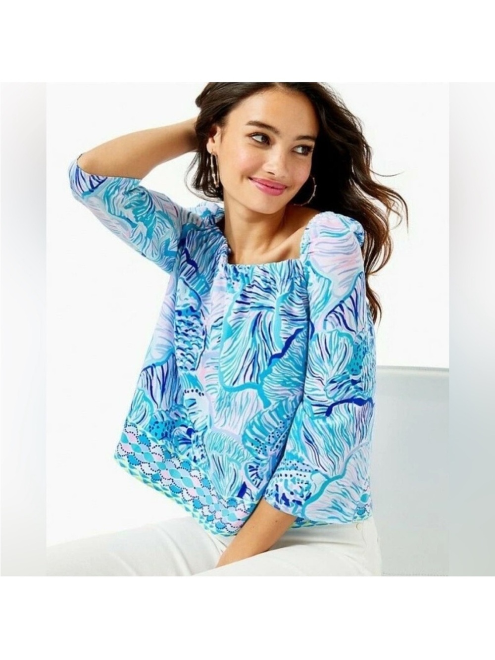 Lilly Pulitzer Blue, Aqua & Pink Off-Shoulder Printed Top